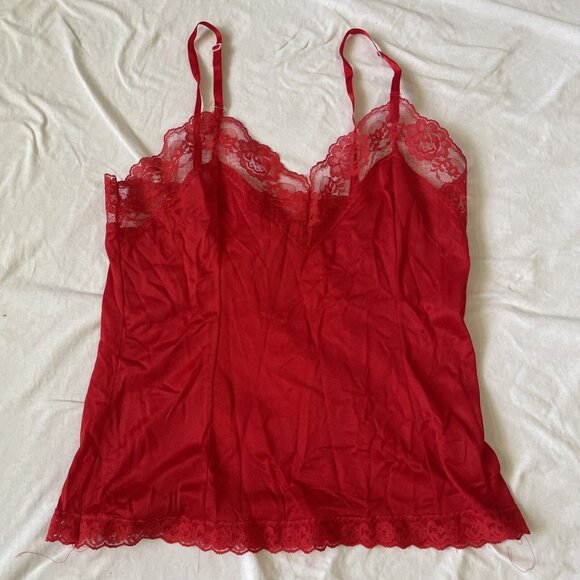 Vintage Red Lace Sheer Camisole Top Lingerie Adjustable Straps 100% Nylon Size L - Picture 3 of 8